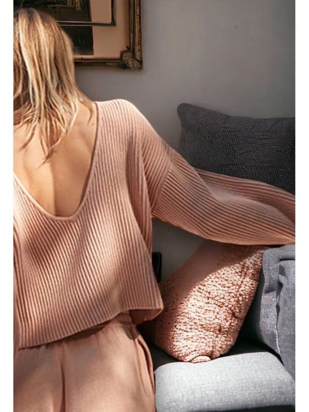 lunya Ribbed V-Neck Sweater in Tranquil Tan color